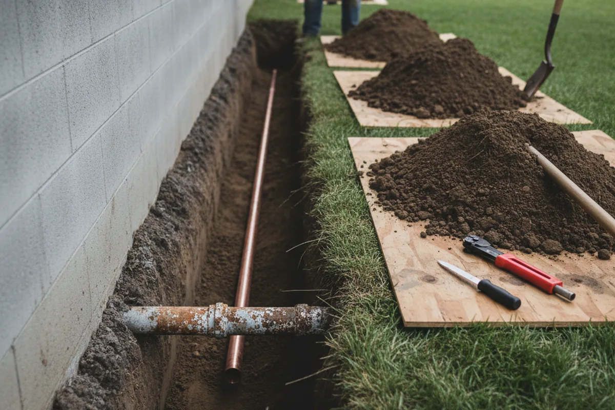 Excavated water line trench during Sewer Line Repair in Bates